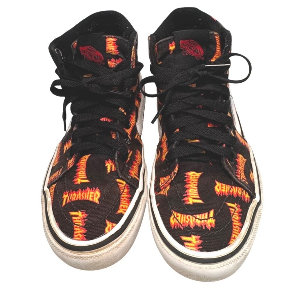 Vans X Thrasher Sk8-Hi Flame Print Sneakers Size 5.5 Black & Orange Canvas Skate - Picture 2 of 7